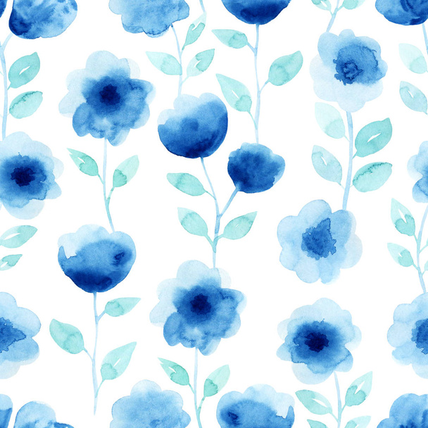 Watercolor seamless pattern with blue flowers. Abstract modern background, illustration. Template for textile, wallpaper, wrapping paper, etc. - Foto, immagini