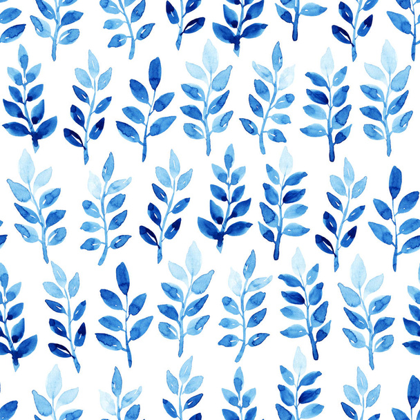 Watercolor seamless pattern with leaves. Blue pattern on the white background. Handmade texture. Template for textile, wallpaper, wrapping paper, etc. - Foto, imagen