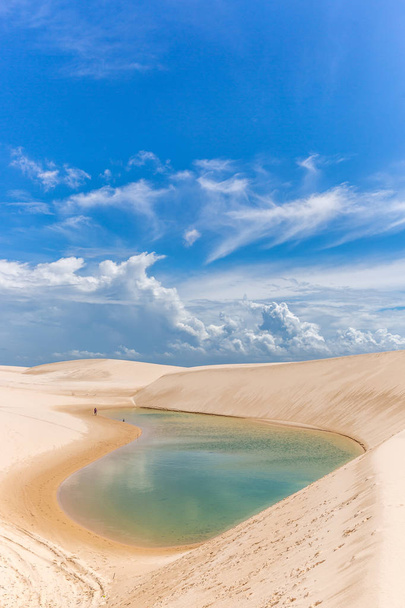 The Lencois Maranhenses in northern Brazil, famous for its fresh water lagoon in a blue sky day - Photo, Image