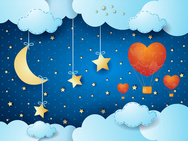 Valentin Hintergrund mit surrealer Nacht, Mond und Heißluftballons. Vektorillustration  - Vektor, Bild
