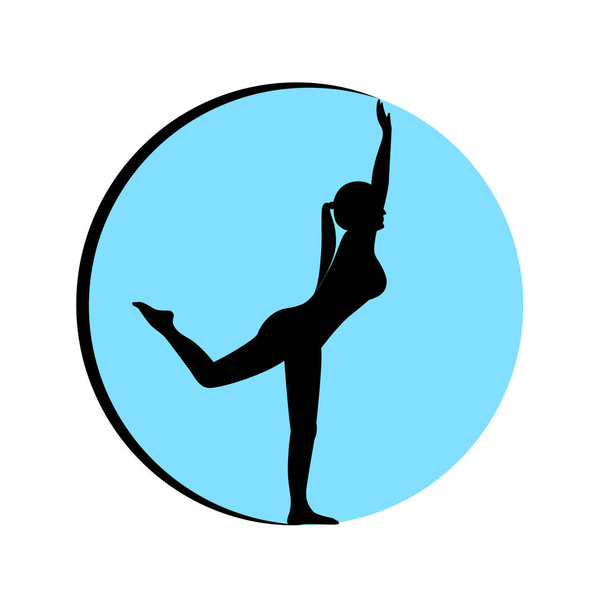 girl performs yoga pose in a blue circle silhouette - Vector, Image