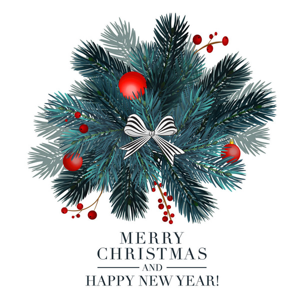 Christmas 2019 greeting card with  fir ball and red berries. Merry Christmas and happy new year typography poster. Realistic holiday business style realistic decoration elemets. - Vettoriali, immagini