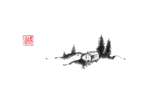 House in the hills Japanese style original sumi-e ink painting. - Fotó, kép