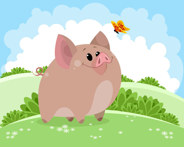 Vector illustration of piggy on fresh air - Vecteur, image