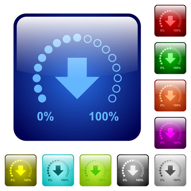 Downloaden in vooruitgang pictogrammen in glanzende knop set met afgeronde vierkant kleuren - Vector, afbeelding