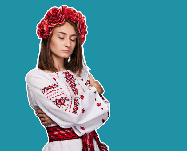 Beautiful young girl in the Ukrainian national suit with closed eyes and copyspace. Magazine style collage - Photo, Image