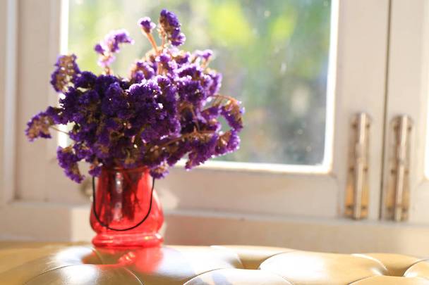 Limonium sinuatum Statice Salem flowers, violet tiny flowers in vase, closeup  - Photo, Image