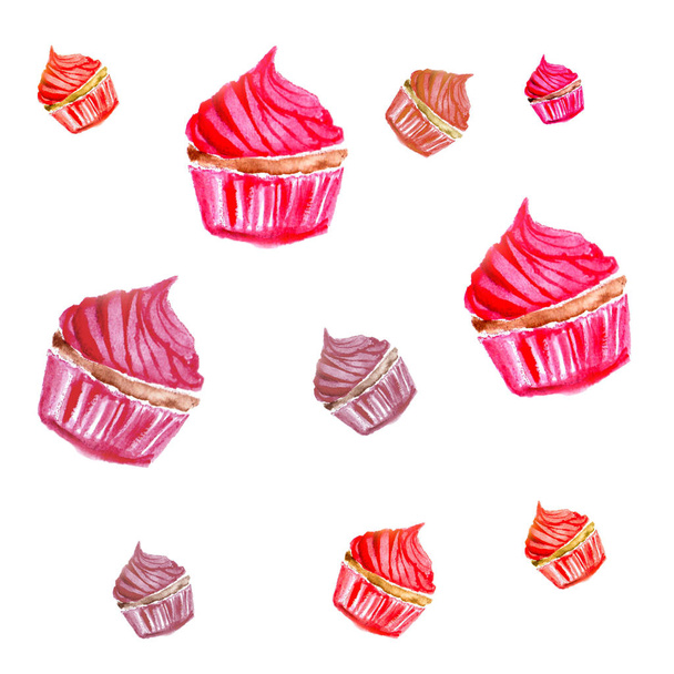 Ilustración dibujada a mano del patrón de muffins coloridos aislados sobre fondo blanco
  - Foto, imagen