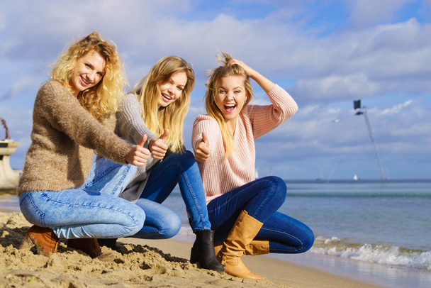 Three fashionable women wearing sweaters during warm autumnal weather spending their free time on sunny beach. Fashion models outdoor - Zdjęcie, obraz