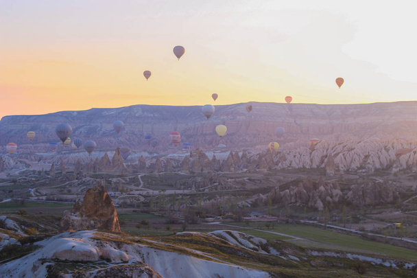 Turkey. Cappadocia. Morning. Sunrise. Caves. Balloons - Photo, Image
