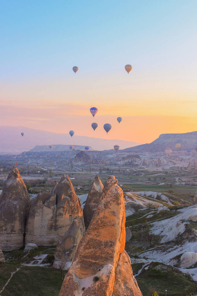 Turkey. Cappadocia. Morning. Sunrise. Caves. Balloons - Zdjęcie, obraz