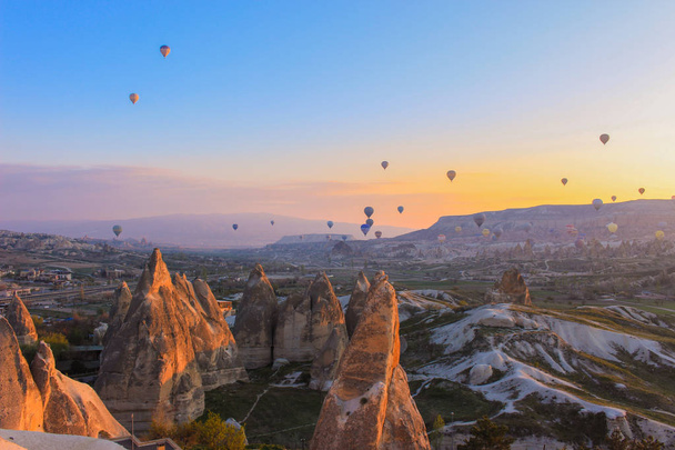 Turkey. Cappadocia. Morning. Sunrise. Caves. Balloons - Photo, Image