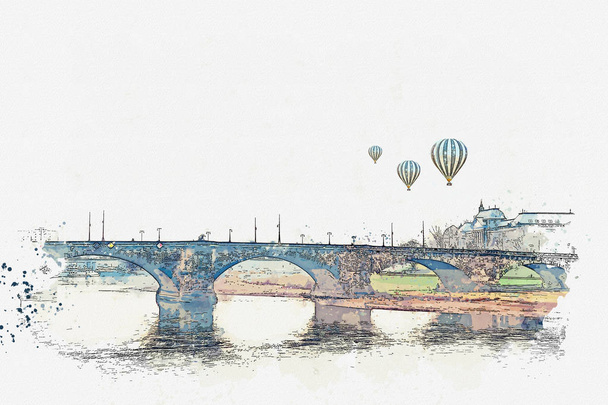 水彩スケッチやイラスト。ドイツのドレスデンのエルベ川橋します。. - 写真・画像