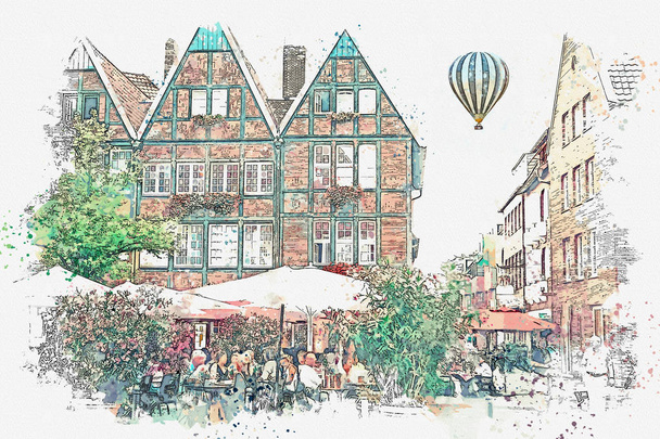 Akvarell Vázlat vagy ábra a hagyományos német építészet és utcai kávézó, Münster, Németország. - Fotó, kép
