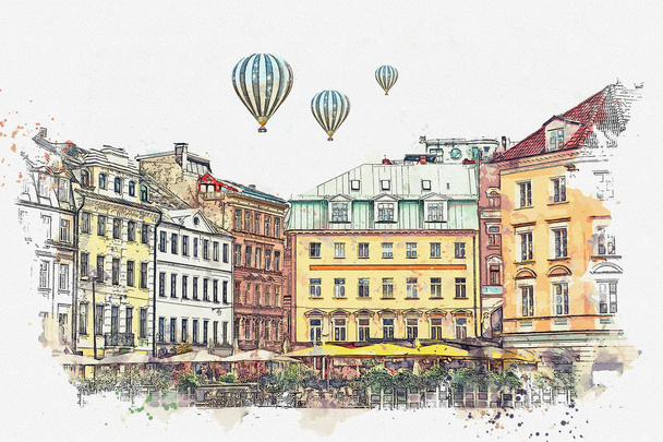 Uno schizzo ad acquerello o un'illustrazione di una splendida vista dell'architettura di Riga
. - Foto, immagini