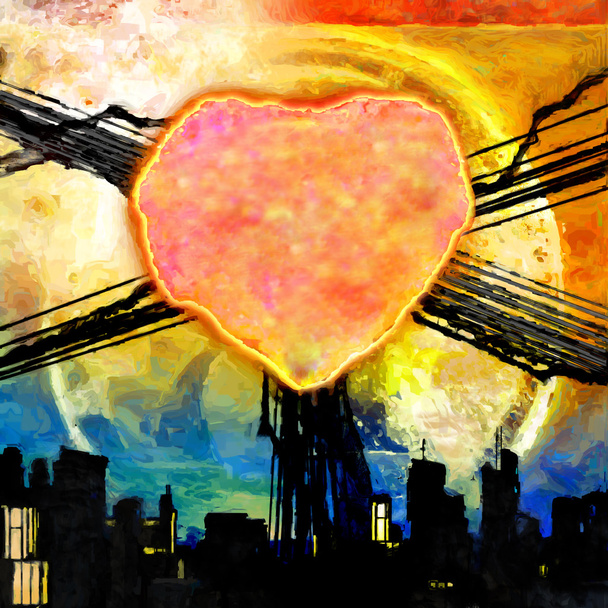 abstraktní grunge namalované srdce přes temné město - Fotografie, Obrázek