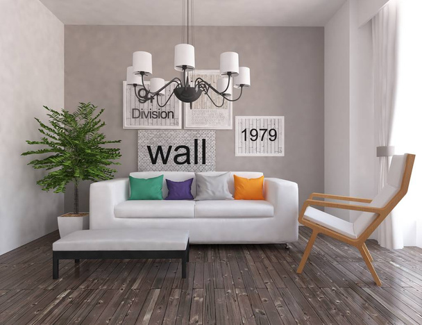 Idee eines weißen skandinavischen Wohnzimmers mit Sofa und Pflanze. Heimat nordischen Inneren. 3D-Illustration  - Foto, Bild
