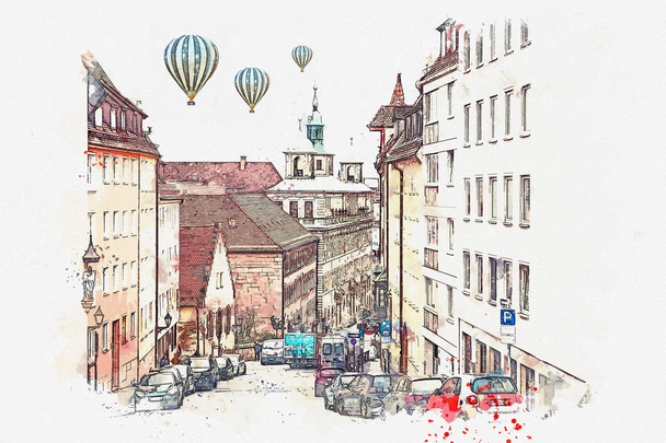 Un boceto de acuarela o una ilustración de la arquitectura tradicional alemana en Nuremberg en Alemania
 - Foto, Imagen
