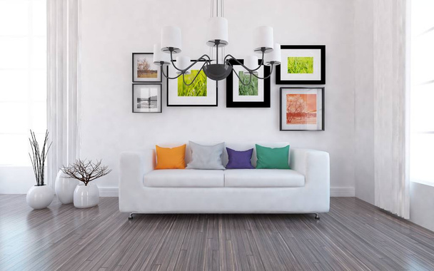 Idea of a white scandinavian living room interior with sofa, plants and wooden floor. Дом нордический интерьер. 3D иллюстрация
  - Фото, изображение