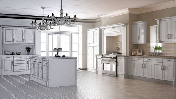 Unfinished project draft of classic vintage luxury kitchen, island with two big chandeliers pendant lamps and big window, contemporary architecture interior design - Photo, Image