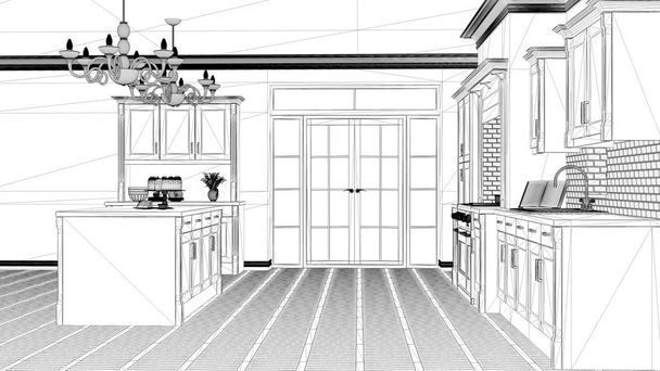 Проект интерьера, черно-белый чернильный эскиз, архитектурный чертеж с классической винтажной роскошной кухней, остров с большими люстрами и окном, современная архитектура
 - Фото, изображение
