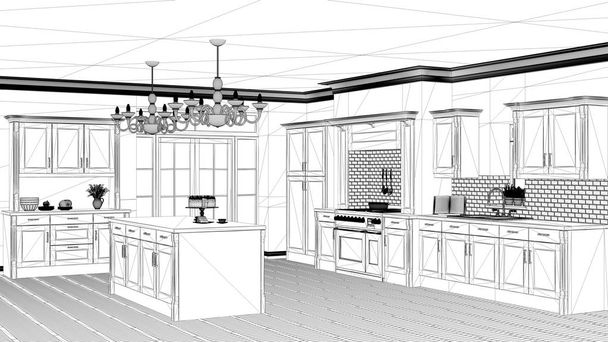 Interior design projekt, fekete és fehér festék vázlat, építészeti terv találat klasszikus vintage luxus konyha sziget nagy csillárok és ablak, kortárs építészet - Fotó, kép