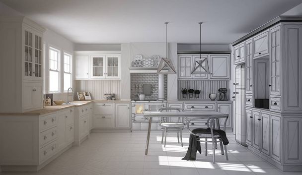 Unfinished project draft of scandinavian classic kitchen with dining table and chairs, windows and morning light, vintage cooker and pendant lamps, minimalist interior design sketch - Photo, Image