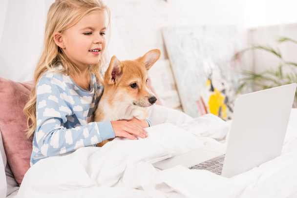 smiling child lying in bed, hugging corgi dog and using laptop at home - Фото, зображення
