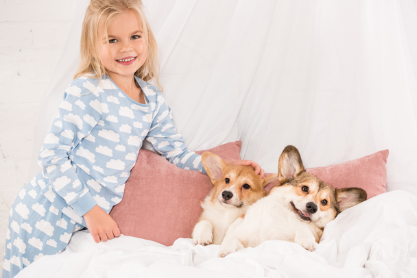 Suloinen lapsi katselee kameraa ja silitti pembroke welsh corgi koiria makaa sängyssä
  - Valokuva, kuva