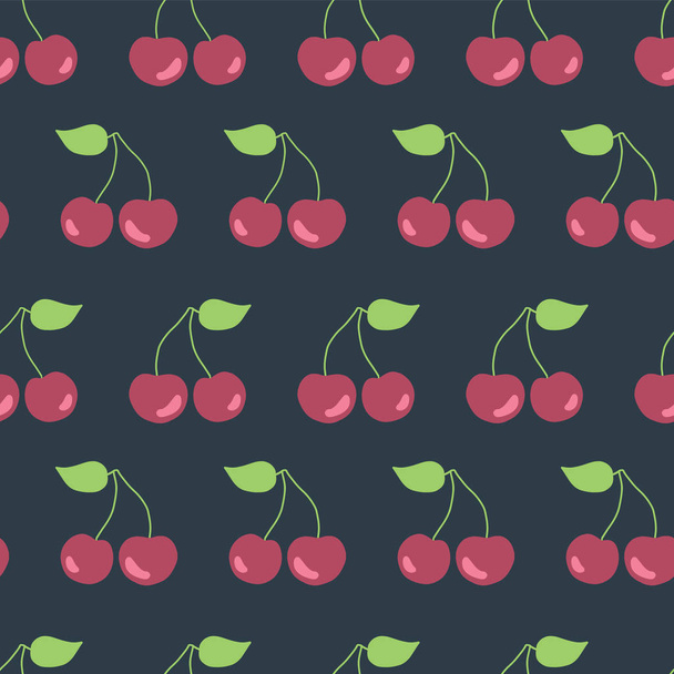 Käsin piirretyt kirsikat saumaton vektori kuvio. Kuvitteelliset kirsikkaparit vaaleanpunainen ja punainen mustalla taustalla. Suuri kangas, paperi, pakkaus, sisustus, keittiö sisustus, flyer, baari menu, kesäjuhla
. - Vektori, kuva