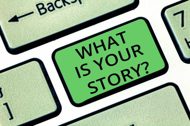 El yazısı metin ne olduğunu Your Storyquestion. Söyle bize arka plan ve yaşam anlam kavramı klavye tuşuna basarak tuş takımı fikir bilgisayar ileti oluşturmak için niyet deneyimleri. - Fotoğraf, Görsel