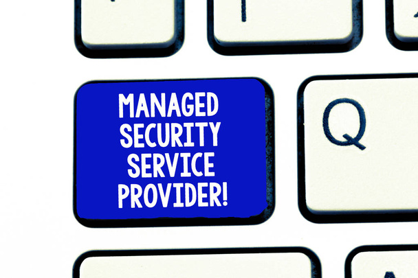 Conceptual hand writing showing Managed Security Service Provider. Business photo showcasing Safety data technology analysisagement Keyboard Intention to create computer message keypad idea. - Photo, Image
