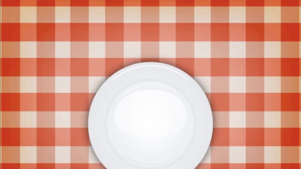4k Cena Invitación Fondo Con Conjunto de Mesa / Animación de un mantel de fondo de restaurante con un plato blanco vacío, cuchillos y tenedores, apareciendo suavemente con facilidad en efecto
 - Metraje, vídeo