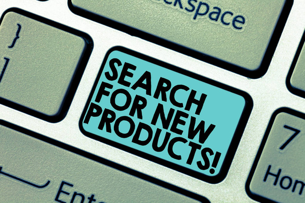 Text sign showing Search For New Products. Conceptual photo Look different things to sell get other customers Keyboard key Intention to create computer message pressing keypad idea. - Photo, Image