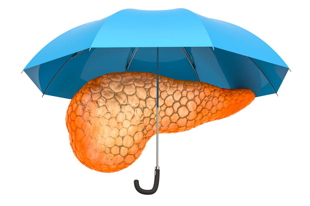 Ανθρώπινο πάγκρεας κάτω από ομπρέλα, προστασία έννοια. 3D rendering που απομονώνονται σε λευκό φόντο - Φωτογραφία, εικόνα