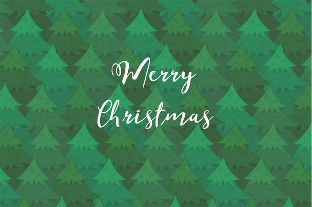 Tender horizontal background with green overlapping coniferous trees and white Merry Christmas text. Cute New Year firs or pines texture for banner, surface design, wallpaper, greeting cards - Vektori, kuva
