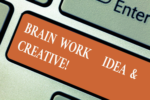 Writing note showing Brain Work Idea And Creative. Business photo showcasing Creativity brainstorm Innovative thinking Keyboard key Intention to create computer message pressing keypad idea. - Photo, Image