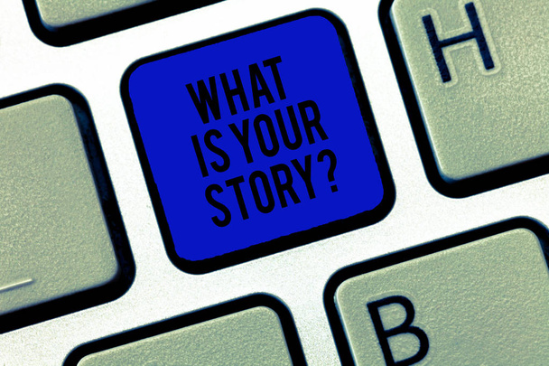 El yazısı metin ne olduğunu Your Storyquestion. Söyle bize arka plan ve yaşam anlam kavramı klavye tuşuna basarak tuş takımı fikir bilgisayar iletisi oluşturmak için niyet deneyimleri. - Fotoğraf, Görsel
