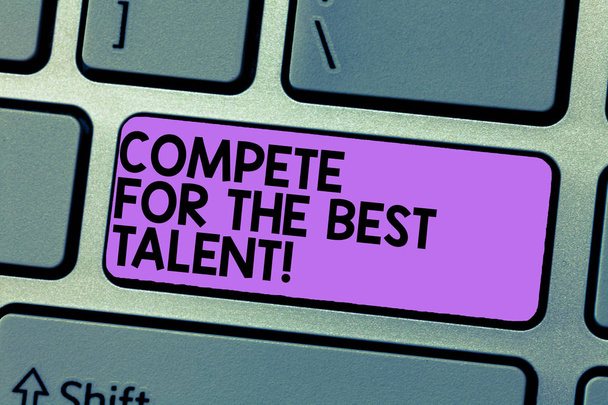Написання нотатки, що показує "Конкурентоспроможність найкращого таланту". Бізнес-фото показ Конкурс, щоб визначити, хто є більш талановитим Наміром клавіатури для створення ідеї комп'ютерних повідомлень клавіатури
. - Фото, зображення