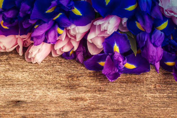 Blue irises and pik tulips - Foto, Bild