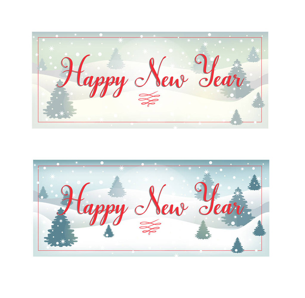 Vector postcard with red Bright Happy New Year brush lettering text on winter background with snowflakes, fir-tree, for greetings, cards, advertising, gifts, packaging, banners, invitations. EPS 10 - Vetor, Imagem
