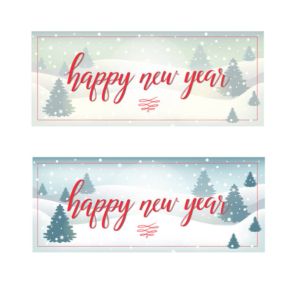 Vector postcard with red Bright Happy New Year brush lettering text on winter background with snowflakes, fir-tree, for greetings, cards, advertising, gifts, packaging, banners, invitations. EPS 10 - Vector, afbeelding