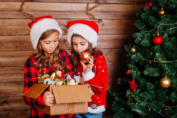 Merry Christmas and Happy Holidays. Cute little sisters decorate the tree at home. - Photo, Image