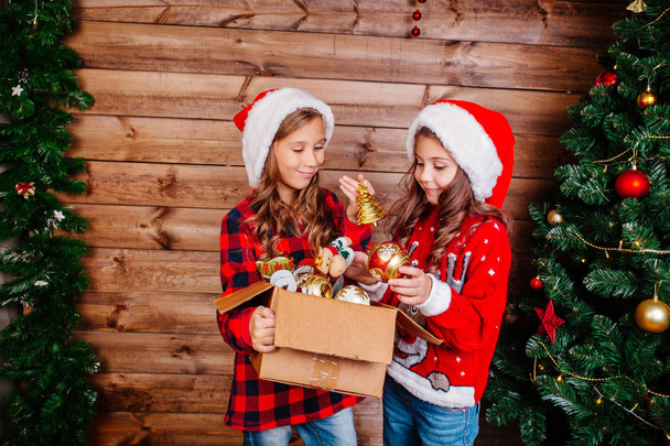 Merry Christmas and Happy Holidays. Cute little sisters decorate the tree at home. - Fotoğraf, Görsel