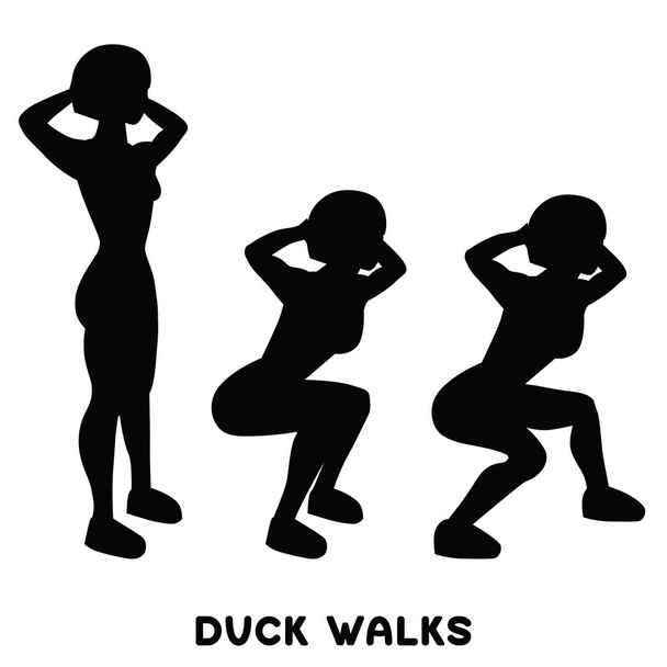 Duck walks. Squat. Sport exersice. Silhouettes of woman doing exercise. Workout, training Vector illustration - Vector, Image