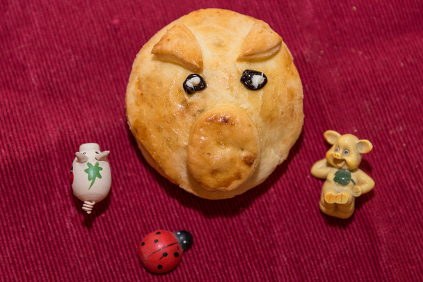 Edible lucky pig made from brioch tea and other symbols of happiness - Photo, Image