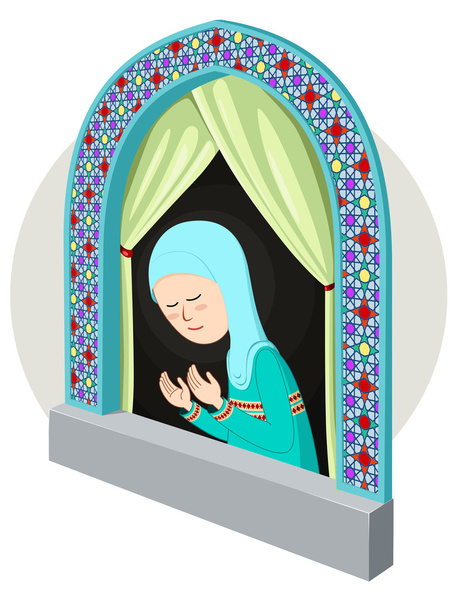 Arabski dziewczyna modli się w oknie - Wektor, obraz