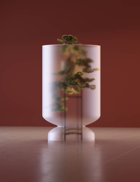 Bonsai boom op een sokkel onder een glazen koepel, spandoek of behang - Foto, afbeelding