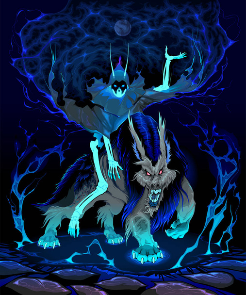 Alptraum vom Mond. Werwolf und glühendes Skelett in einer nächtlichen Szene, Vektor Horror Fantasy Illustration - Vektor, Bild