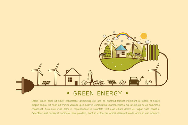 Vektoriesimerkki ekokodista tuuliturbiinilla, pyörällä, aurinkokennolla ja puilla. Taustaa pelastaa maapallon päivä. Ympäristö, kierrätysmerkki ekologialle, luonnonsuojelulle ja ympäristön pilaantumiselle
. - Vektori, kuva
